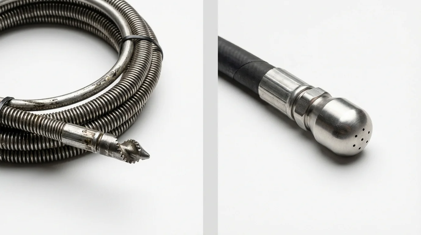Drain snake cable and hydro jetting nozzle used for drain cleaning in Mason, TX