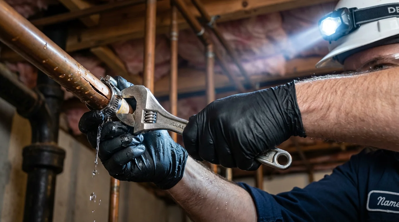 Emergency pipe clamp repair being performed by a Johns Plumbing LLC plumber in Mason