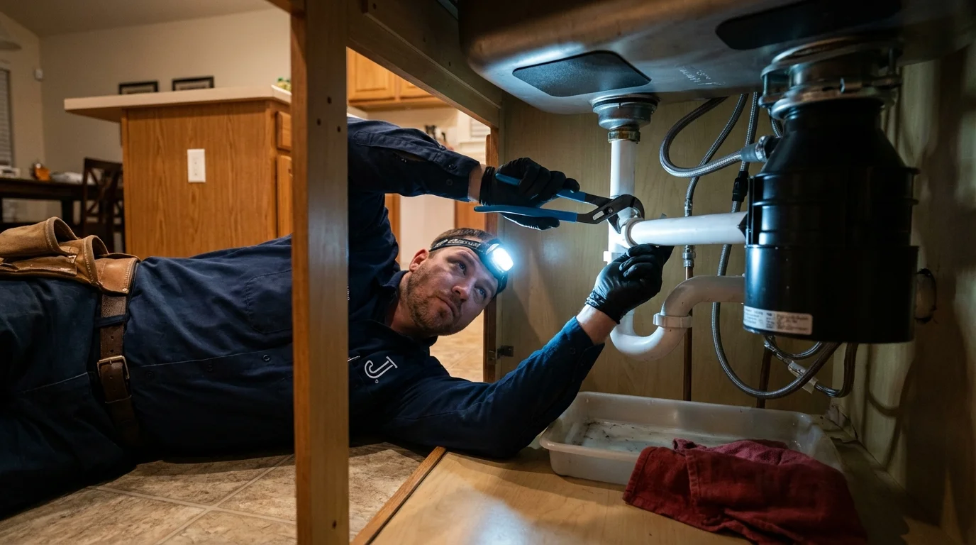 P-trap and supply line connections under a kitchen sink showing a common leak point in Mason, TX